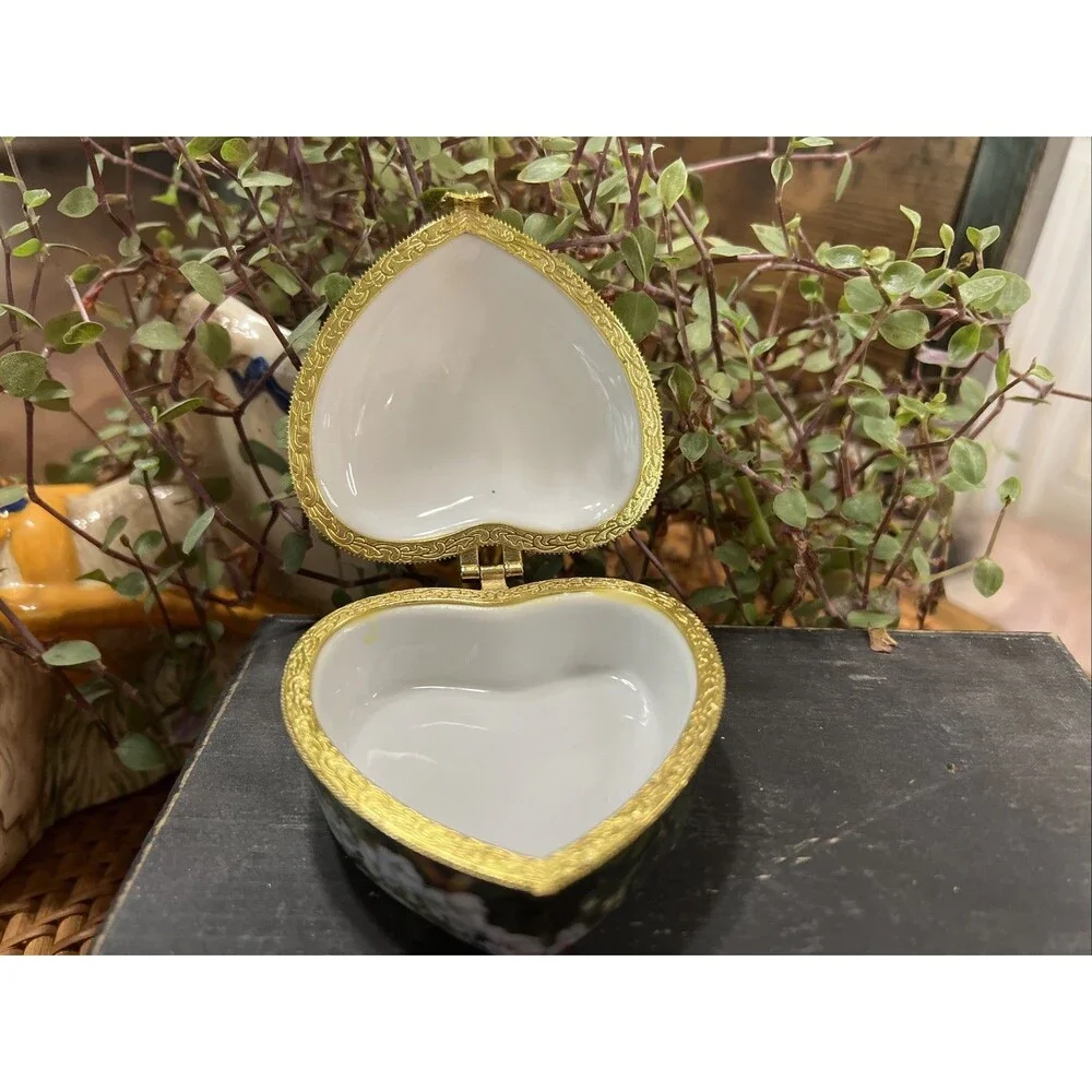 Limoges Style Porcelain Hinged Lid Trinket Jewelry Box Vintage Cherub, Angel